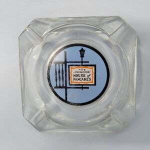 Vintage IHOP International House of Pancakes Glass Ashtray Square Blue Logo MCM